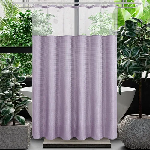 Miniatura 10 de Gibelle Juego de cortina de ducha de tejido gofre con ventana superior de malla y ganchos, cortina de ducha de tela estilo spa para baño, beige, 72