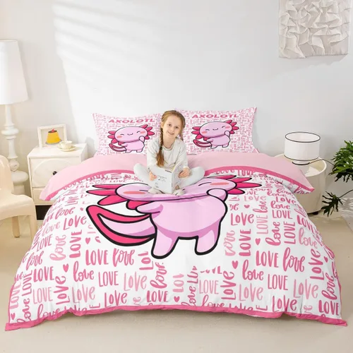 Miniatura 16 de Lindo juego de funda de edredón para niños, tamaño individual, juego de ropa de cama de dibujos animados Salamandra, ajolote océano, decoración