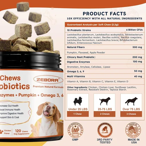 Miniatura 2 de Probióticos para perros, probióticos para perros para la salud digestiva, además de calabaza y aceite de pescado, para intestino y picazón, 120