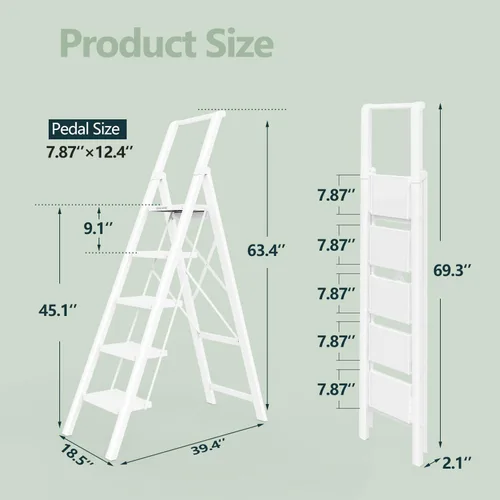 Miniatura 7 de WOA WOA Escalera de 5 escalones para techo de 10 pies de alto, escalera plegable ligera con pedales anchos antideslizantes, taburete con barandilla