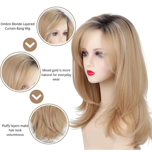 Miniatura 4 de Fencca Pelucas rubias degradadas con reflejos para mujer, peluca ondulada en capas con flequillo, sintética natural, resistente al calor