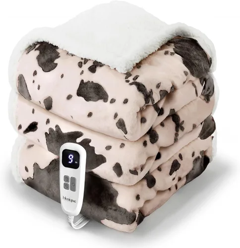 Miniatura 11 de Manta térmica con estampado de vaca, manta eléctrica, manta térmica con 10 niveles de calor y 10 horas de apagado automático, acogedora y suave