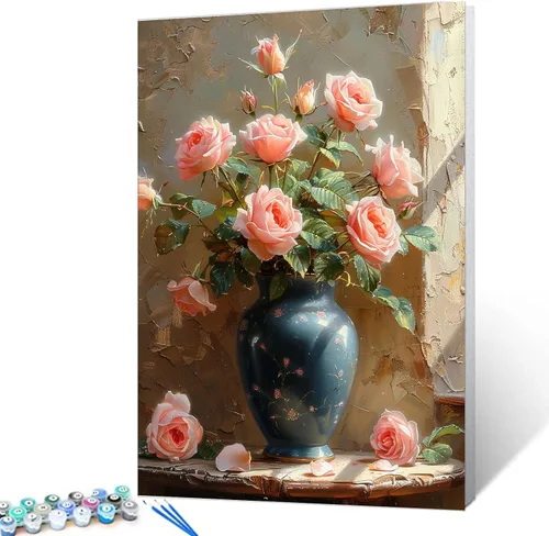 Miniatura 8 de Tucocoo Kit de pintura de lavanda por números con pinceles y pigmento acrílico sobre lienzo para adultos, diseño rústico de ventanas, arte floral