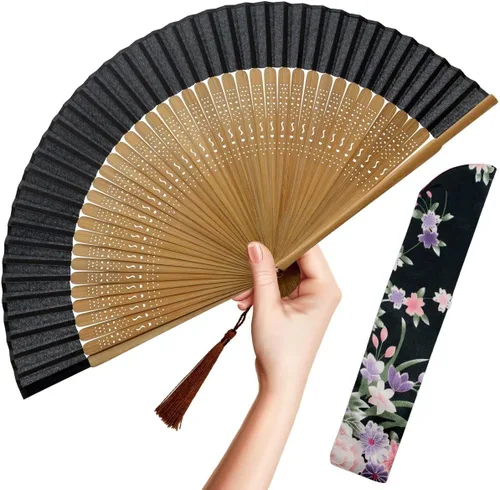 Miniatura 18 de OMyTea, abanico desplegable con motivo de flores de yuyos (8.27 pulgadas - 21 centímetros) con funda de tela para protección, estilo chino/japonés