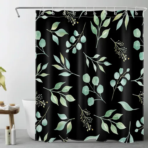Miniatura 14 de EOBTAIN Cortina de ducha de hojas de eucalipto verde para baño, cortina de ducha con hojas de plantas naturales en beige con 10 ganchos, juego