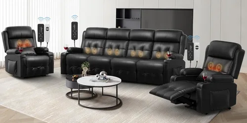 Miniatura 23 de Sofá reclinable de dos plazas, sofá reclinable de masaje de gran capacidad, silla de dos plazas para RV con espacio de almacenamiento, portavasos