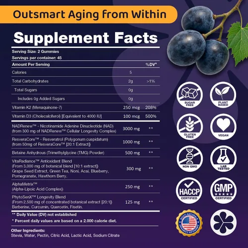 Miniatura 4 de NAD 3000mg + Gomitas complejas de resveratrol, 500 mg de TMG, (45 días), quercetina, curcumina, berberina y antioxidantes Fórmula avanzada a base