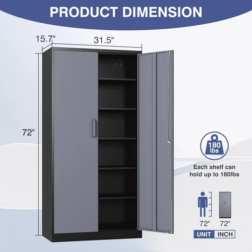 Miniatura 3 de Armario de almacenamiento de metal con 2 puertas y estantes ajustables, armario de metal ancho, gabinete de almacenamiento bajo, gabinete de acento