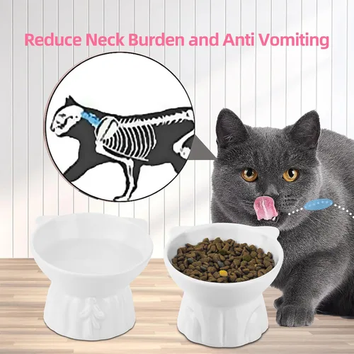 Miniatura 3 de Paquete de 2 cuencos elevados para gatos, platos elevados de cerámica para alimentos y agua para gatos, diseño extra ancho y poco profundo, Blanco