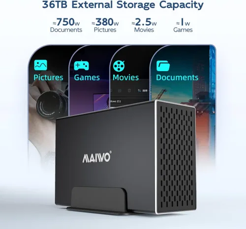 Miniatura 4 de MAIWO Caja RAID de disco duro de doble bahía con ventilador de refrigeración para 2.5/3.5 pulgadas SATA SSD/HDD, caja de disco duro USB 3.0 de 5