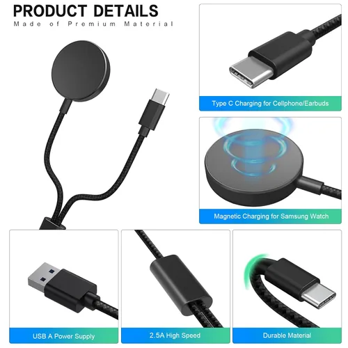 Miniatura 3 de Cargador magnético 2 en 1 USB-C para Samsung Galaxy Watch 7/6/5/4/3/Classic, Pro 5/4, Active Watch 2/1, Galaxy Buds/Live/+, cable de carga rápida