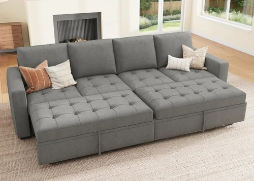 Miniatura 11 de HONBAY Sofá cama modular modular con cama extraíble, sofá en forma de L con asiento de almacenamiento, sofás seccionales para sala de estar, beige