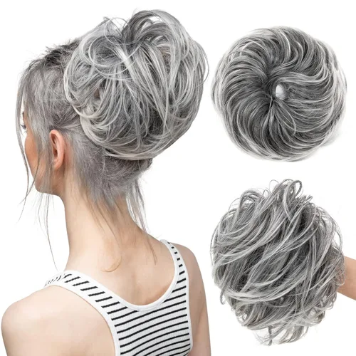 Miniatura 19 de CJL HAIR - Extensión de cabello tipo coletero de chongo desordenado, rizado, sintético, con colas rectas, scrunchies para peinados de moño