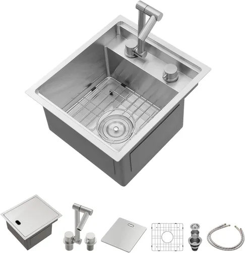 Lordear Fregadero de cocina para interiores y exteriores de 15 x 17 con grifo plegable, Samll Bar Prep 16 calibre T304 de acero inoxidable para
