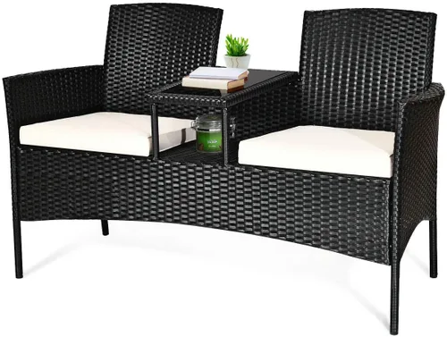Miniatura 9 de RELAX4LIFE Juego de muebles de conversación con mesa y dos cojines extraíbles, sillas de mimbre de ratán y juego de mesa para patio, jardín, balcón