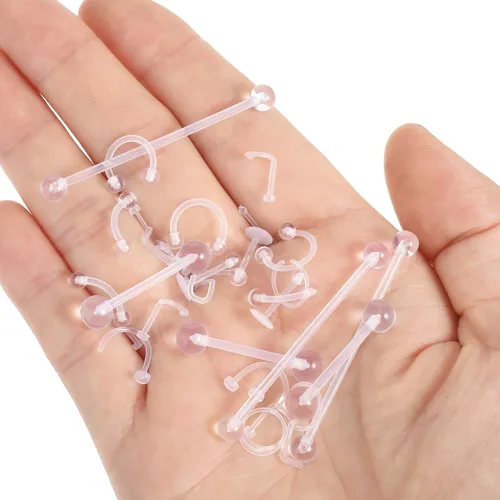 Miniatura 5 de Juego de 44 piezas de piercings de nariz transparentes, juego de piercings de acrílico para labios, flexible para nariz, lengua, vientre, ceja