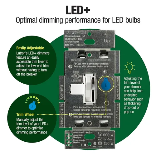Miniatura 2 de Lutron Ariadni/Toggler LED+ Interruptor Regulador de Luz para LED Regulable, Halógeno e Incandescente Interruptor Dimmer, 150W, Unipolar/3-Vías