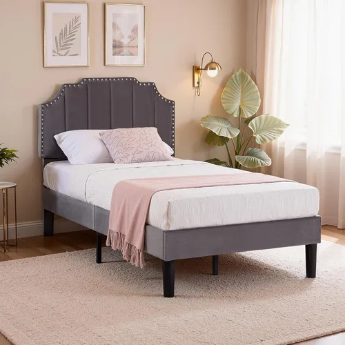 Miniatura 23 de VECELO Base de cama tapizada de terciopelo tamaño Queen con ribete de clavos, cabecera ajustable en altura copetuda, cama vintage con listones