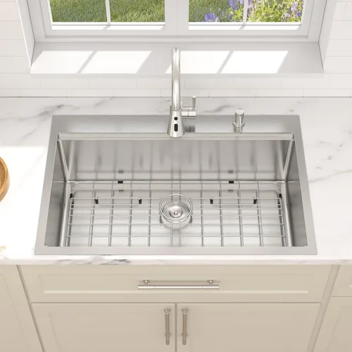 Miniatura 3 de Dcolora 33x22 Fregadero de cocina de acero inoxidable de 16 calibres, estación de trabajo de caída, fregadero de cuenco único grande, montaje