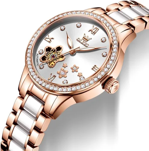 Miniatura 8 de OLEVS Relojes para mujer, reloj automático de lujo, correa de cerámica, oro rosa, reloj de pulsera para mujer