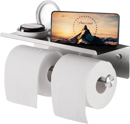 YUMORE Soporte de papel higiénico, soporte de papel higiénico de acero inoxidable 304 para baño, doble rollo de papel higiénico con estante, Acabado