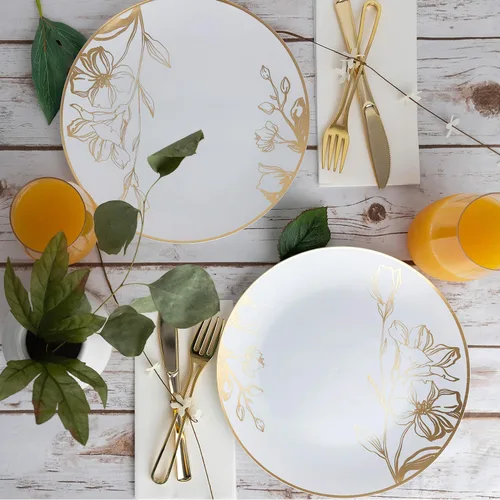 Miniatura 5 de [Platos de 10 pulgadas, 10 unidades] Platos de cena de fiesta de diseño floral de plástico blanco con borde dorado, vajilla desechable elegante