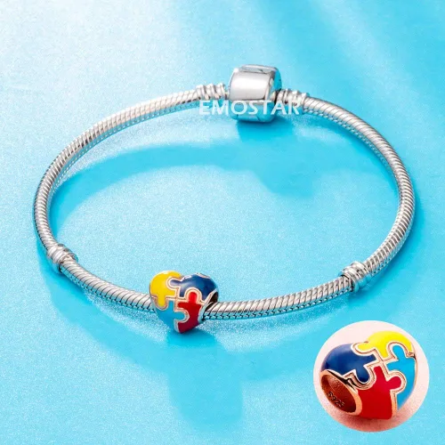 Miniatura 3 de Abalorio de concientización sobre el autismo para pulsera europea de bricolaje, plata de ley 925, dijes esmaltados, dijes Live Love Laugh Charms, I