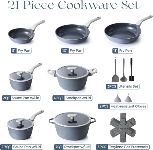 Miniatura 3 de PRICUSIS Juego de ollas y sartenes de cerámica antiadherentes, juego de 21 utensilios de cocina de inducción no tóxicos, 100% aptos para Gris