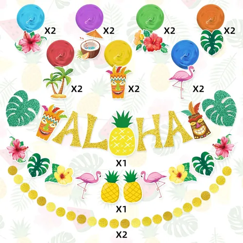 Miniatura 4 de Pancarta hawaiana preencordada para fiesta, decoración grande de flamenco tiki tropical para fiesta de cumpleaños Luau para fiesta de cumpleaños