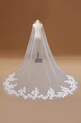 Miniatura 3 de MisShow Velos de boda de 2 niveles color blanco marfil con apliques de encaje y lentejuelas, longitud catedral, velo de novia + peine