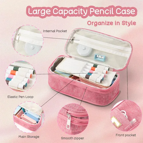 Miniatura 4 de Estuche de lápices de gran capacidad color rosa, lindo estuche de lápices con cremallera para niñas y mujeres, bolsa de lápices expandible