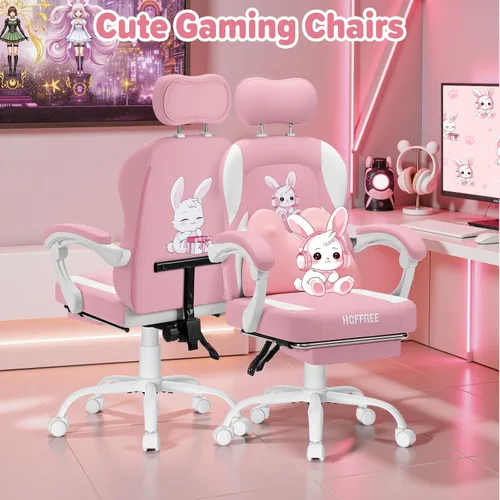 Miniatura 3 de HOFFREE Silla de juegos para computadora para niñas con lindo conejo, almohada lumbar de masaje, silla de oficina rosa para escritorio