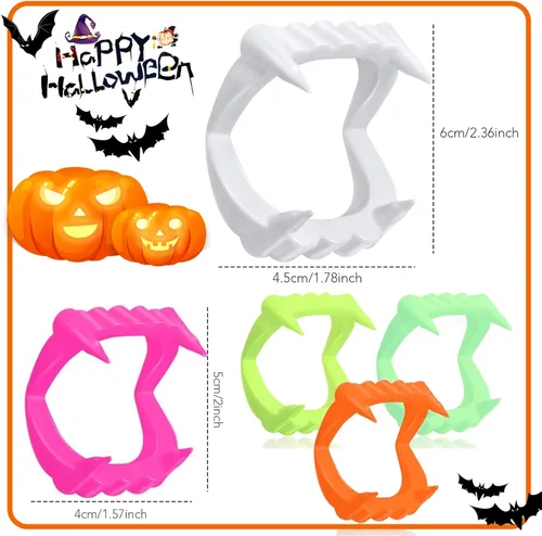 Miniatura 2 de Boao 60 piezas de dientes de vampiro de Halloween a granel, colmillos de vampiro de plástico, dientes falsos de color brillante, accesorios