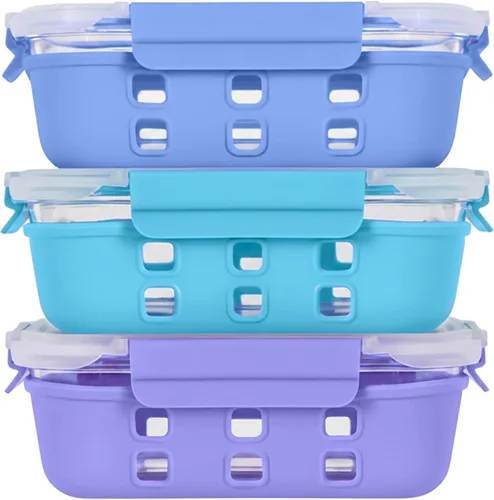 ECOBERI Recipientes de vidrio para preparación de comidas con fundas de silicona, juego de 3 piezas de 4.5 tazas, almacenamiento de alimentos de