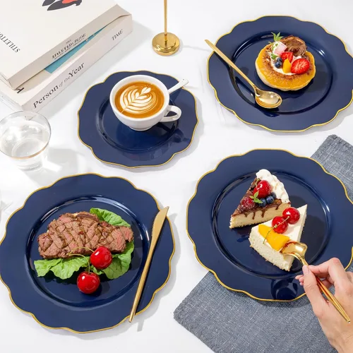 Miniatura 5 de bUCLA 180 piezas platos de plástico azul - azul marino y borde dorado desechables incluye 30 de cada uno (cena y postre) platos, 30 cuchillos, 30