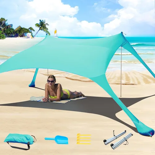 Miniatura 11 de Tienda de campaña de playa de 77 pies con protección UV UPF50+, toldo al aire libre con 2 postes para camping, pesca, patio trasero y pícnics