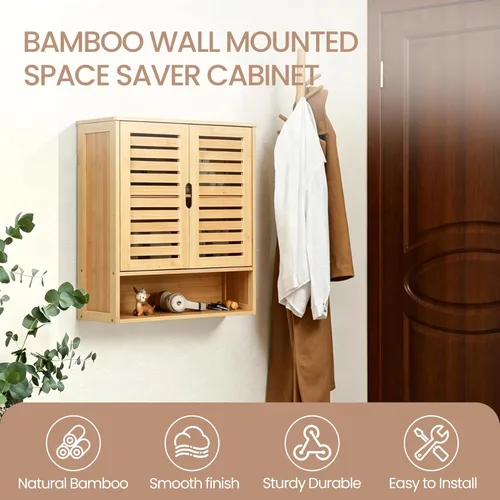 Miniatura 3 de Armario de almacenamiento de bambú montado en la pared con puerta, organizador de pared de baño con estantes, gabinete de almacenamiento colgante