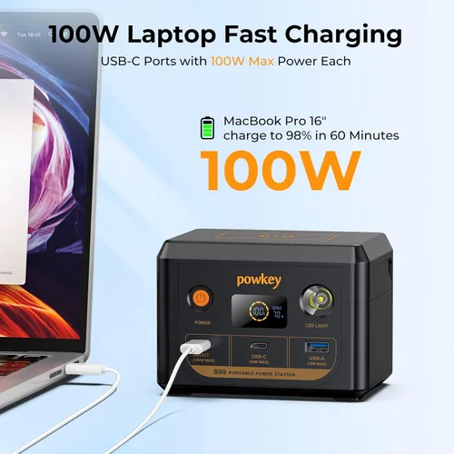 Miniatura 3 de powkey Estación de energía para portátil 30000mAh 100W Cargador portátil PD 3.0 Carga rápida 96Wh LiFePO4 Banco de energía con cable USB-C, batería
