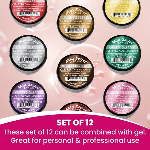 Miniatura 7 de Mia Secret Colección de polvos acrílicos GLITTER (12 piezas) Colección de polvos para arte de uñas con 12 colores únicos, fabricado en Estados Unidos