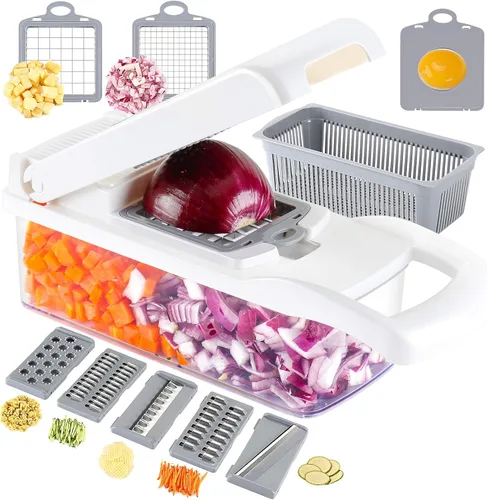 Miniatura 8 de Ourokhome Cortador de cebollas y verduras, cortador profesional de mandolina 12 en 1 para cocina, picador de alimentos multifuncional para papa, Gery