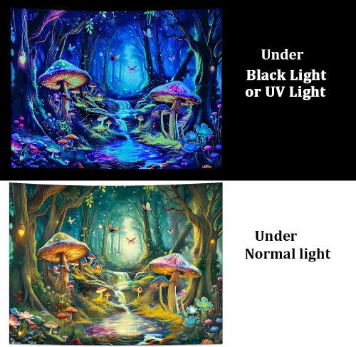 Miniatura 5 de Tapiz de Hongos con Luz Negra Reactivo a UV, Tapiz de Paisaje de Bosque Brumoso, Fantasía de Hadas en País de las Maravillas con Mariposas