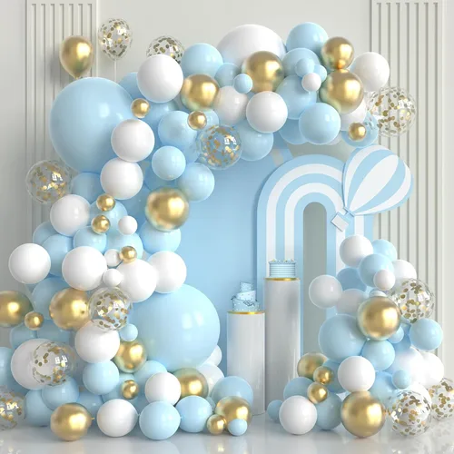 Globos azules y dorados, juego de 100 globos azules, blancos y dorados para crear una guirnalda tipo arco; globos de látex color dorado metálico,