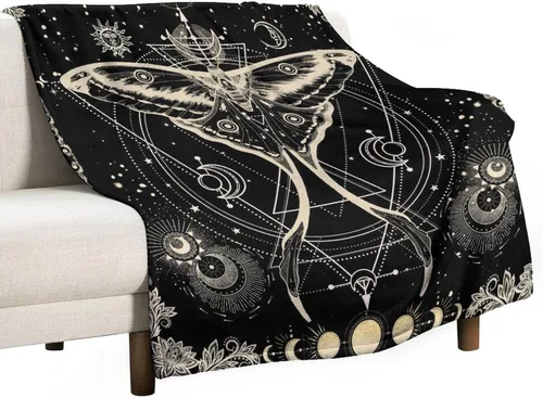 Miniatura 35 de Manta gótica de franela de polilla abstracta, mágica, bohemia, mariposa, esqueleto, luna, estrellas, manta estética para hombres, mujeres, niñas