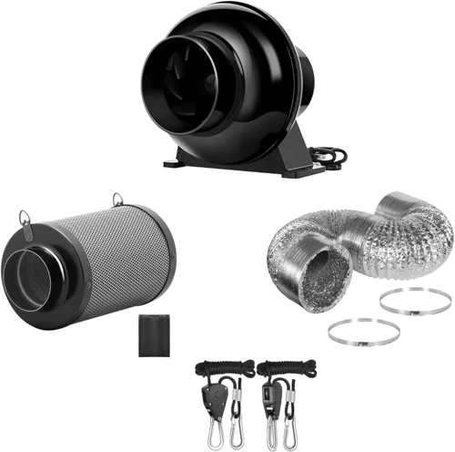 iPower Ventilador de escape en línea de 4 pulgadas 195 CFM, filtro de carbono de aire con gancho, conducto flexible de 8 pies, colgador de cuerda,