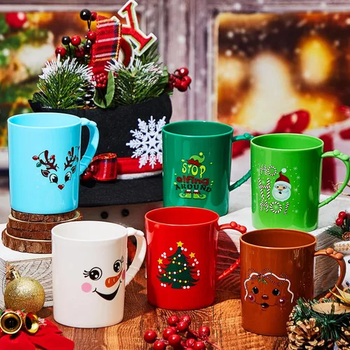 Miniatura 5 de Suclain 6 tazas de plástico – Tazas de café de Navidad y vacaciones de 15 onzas con asa – Tazas de Papá Noel y muñeco de nieve para niños