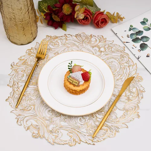 Miniatura 2 de Juego de 6 manteles individuales redondos dorados, manteles individuales de vinilo prensado floral lavable para mesa de comedor, boda, decoración