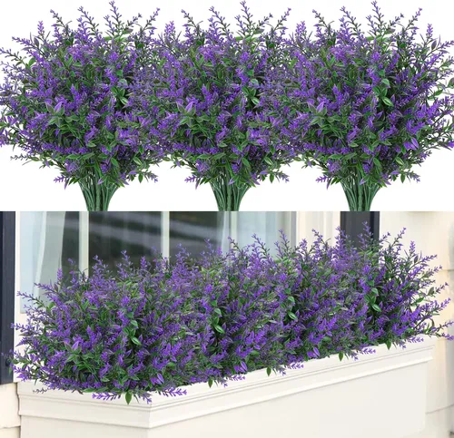 GREENRAIN 24 paquetes de flores artificiales de lavanda para exteriores, flores falsas para decoración resistentes a los rayos UV, no se decoloran,