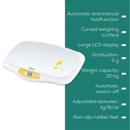 Miniatura 6 de Balanza digital de bebé con cómoda plataforma curva, de Beurer
