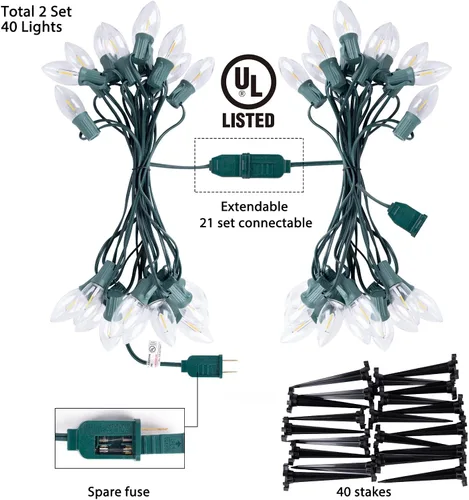 Miniatura 5 de Luces LED C9 para camino, 2 juegos en total de 51.4 pies de luz de camino de Navidad con 40 bombillas y estacas, tira de luces extensibles Blanco