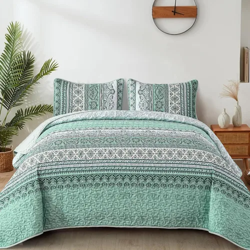 Miniatura 10 de WONGS BEDDING Juego de Colcha Morada Tamaño King, Juego de Colchas Bohemias a Rayas de 3 Piezas, Colcha Ligera de Microfibra para Todas las Púrpura